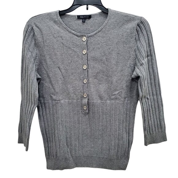 Anne Klein Gray Cotton Blend Ribbed Bottom 3/4 Sleeve Knit Sweater Pullover Sz M - Picture 1 of 7